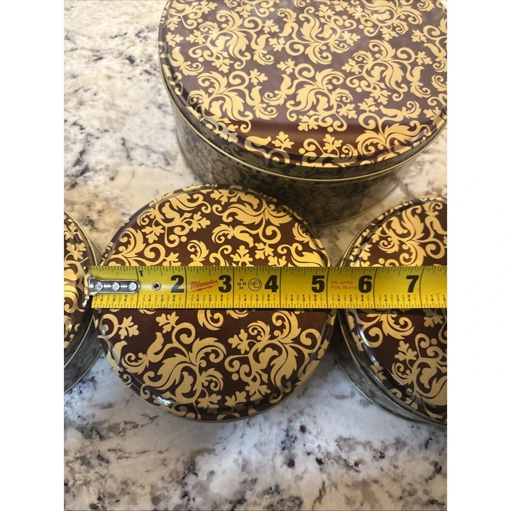 5 Vintage Round Gold Brown Metal Trinket Box Gift Tin Storage Leaf Pattern